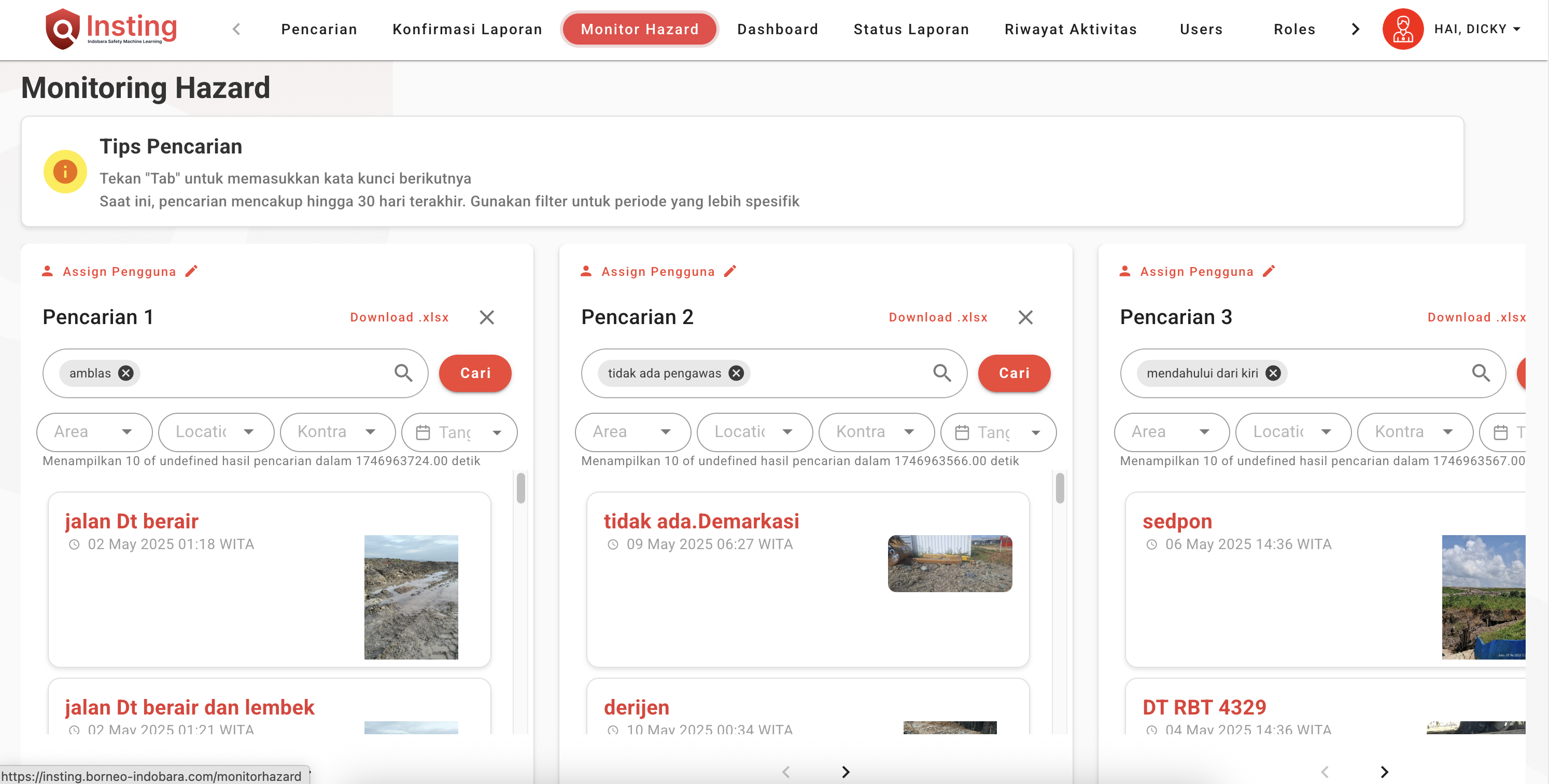 Insting AI hazard monitoring dashboard with search functionality